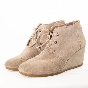 Toms Boots Women Taupe Desert Wedge Suede Leather Ankle Lace Up Comfort Size 7.5